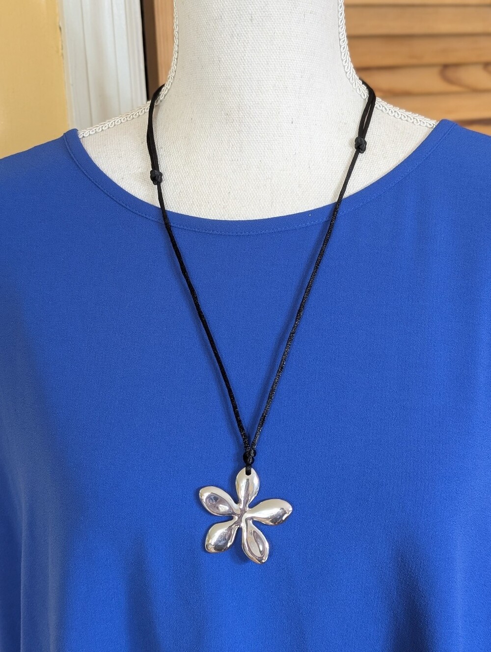 J. Jill Silver Flower Pendant on Black Adjustable Cord NWT $39